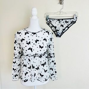 White & Black Butterfly Ruffle Mesh Long Sleeve Blouse & Panty Sleep Set Pajamas